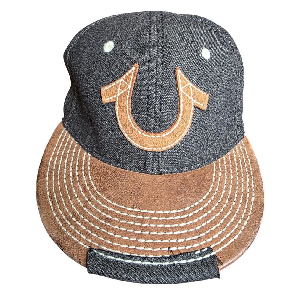 True Religion Snapback Hat Charcoal Brown Leather Wool Horseshoe Logo Cap